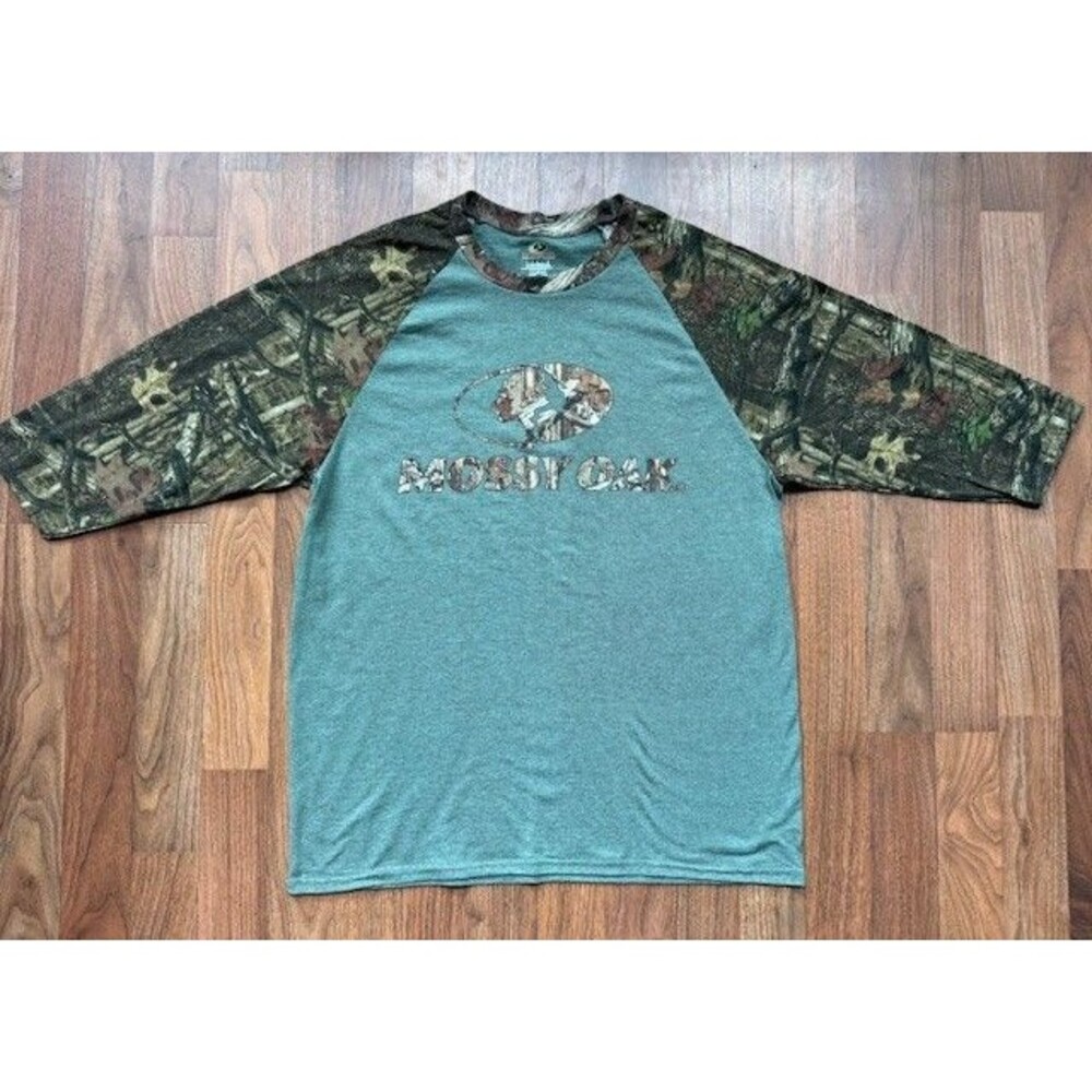 Mossy Oak Shirt Mens LRG Green Camo Raglan 3/4 Sleeve Baseball Hunting Crewneck